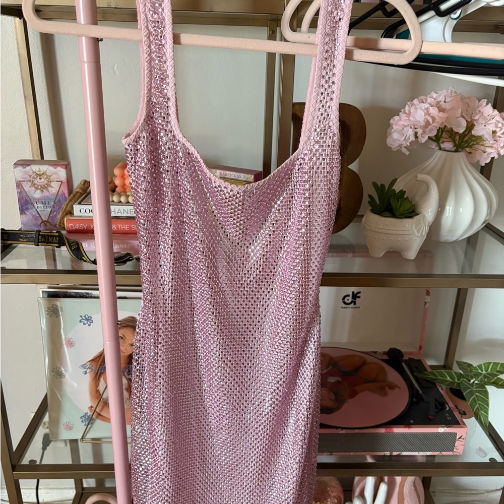 Pink Sequin Mini Dress - Sleeveless Scoop Neck